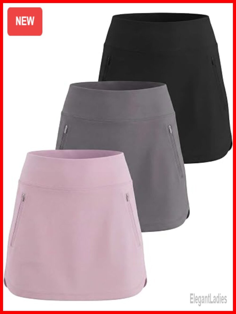 3 Pack 16" Curved Hem Golf Skort with Zip Pockets Athletic Tennis Pickleball